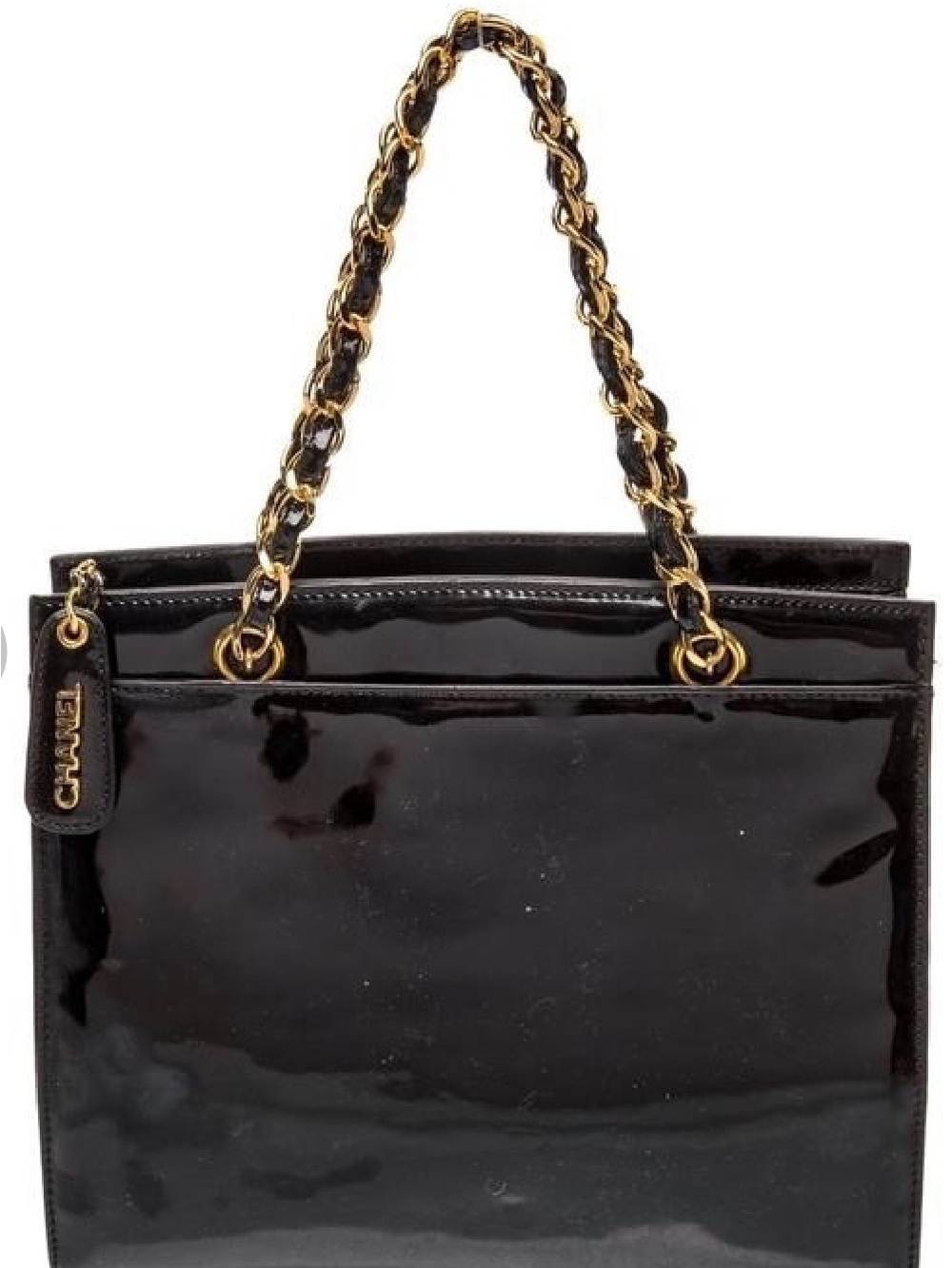 Auth Certified CHANEL Black Patent Leather Tote with Gold Chain Handles